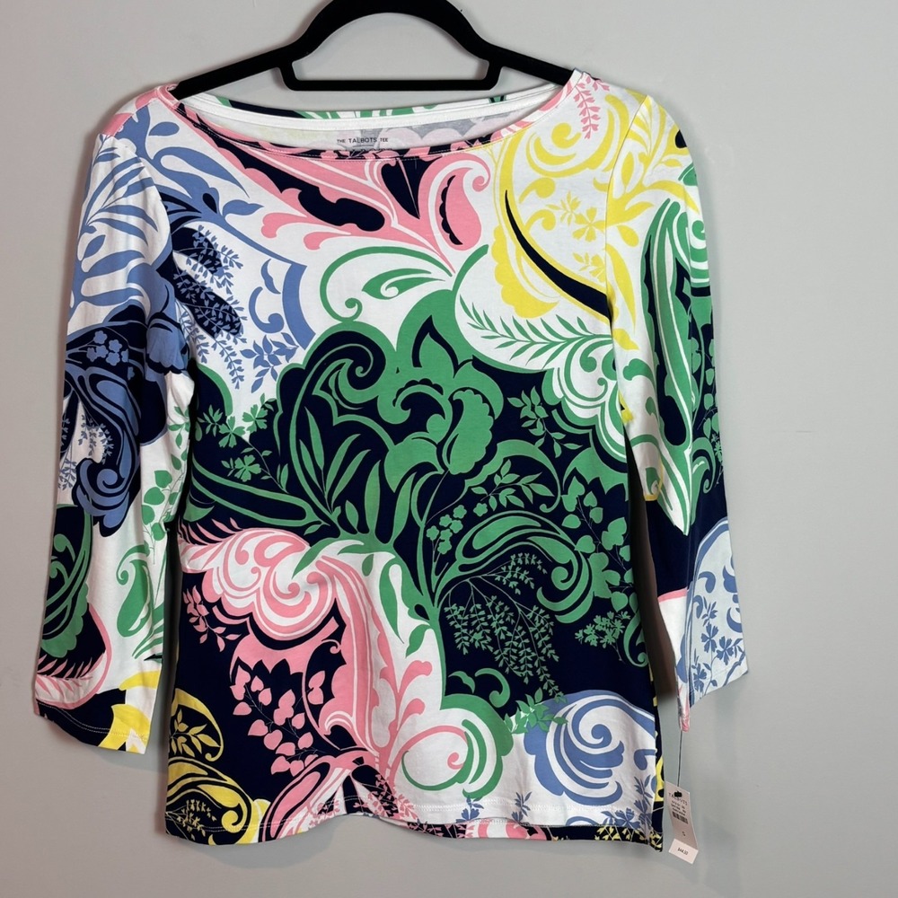 NWT The Talbots Tee Womens colorful Floral Boatneck 3/4 Sleeve Tee Small Stretch